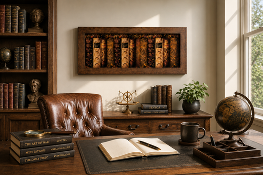 Handcrafted Leather Bookshelf Wall Art | Vintage Library Book Spines | Framed Literary Decor