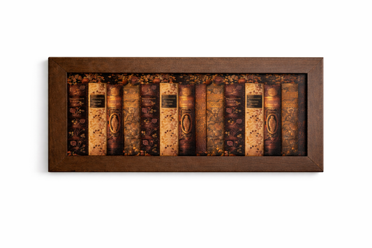 Handcrafted Leather Bookshelf Wall Art | Vintage Library Book Spines | Framed Literary Decor