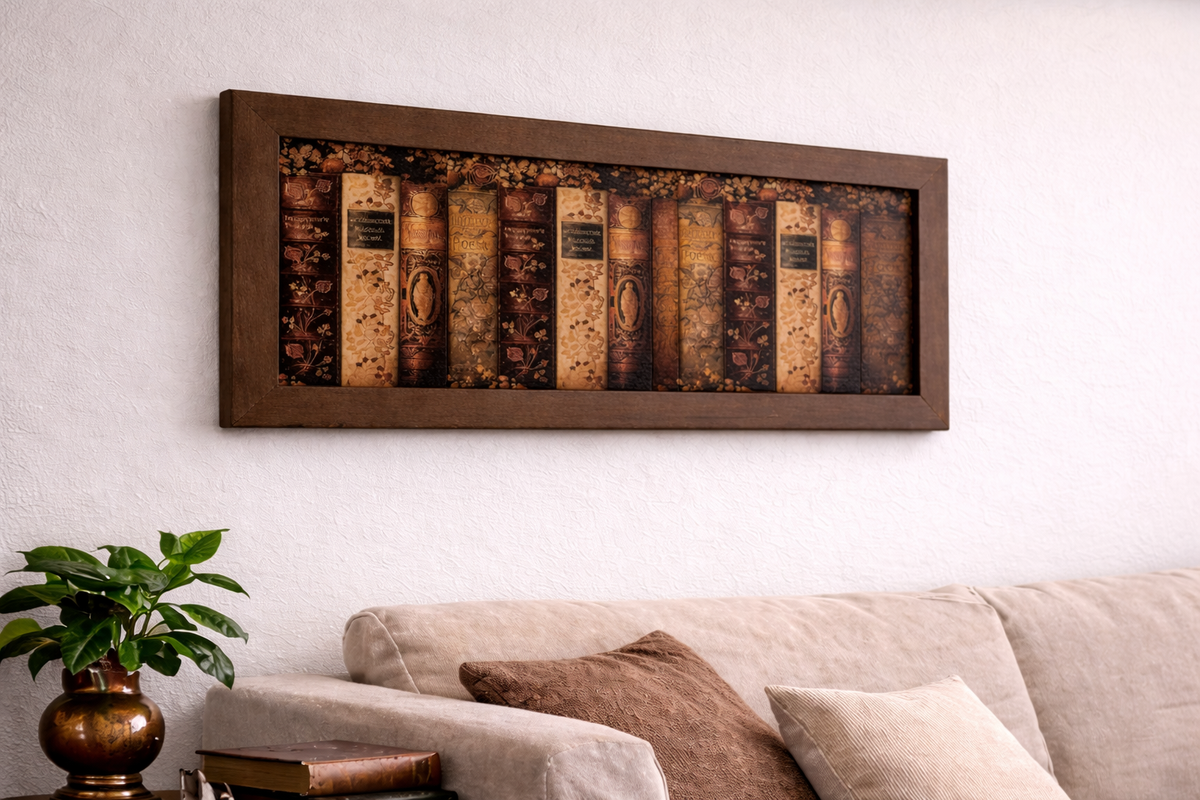 Handcrafted Leather Bookshelf Wall Art | Vintage Library Book Spines | Framed Literary Decor