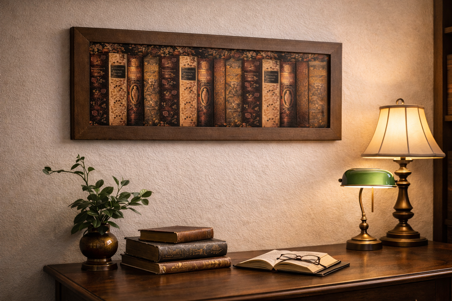 Handcrafted Leather Bookshelf Wall Art | Vintage Library Book Spines | Framed Literary Decor