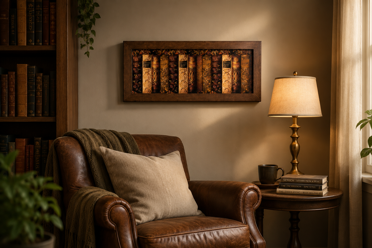Handcrafted Leather Bookshelf Wall Art | Vintage Library Book Spines | Framed Literary Decor